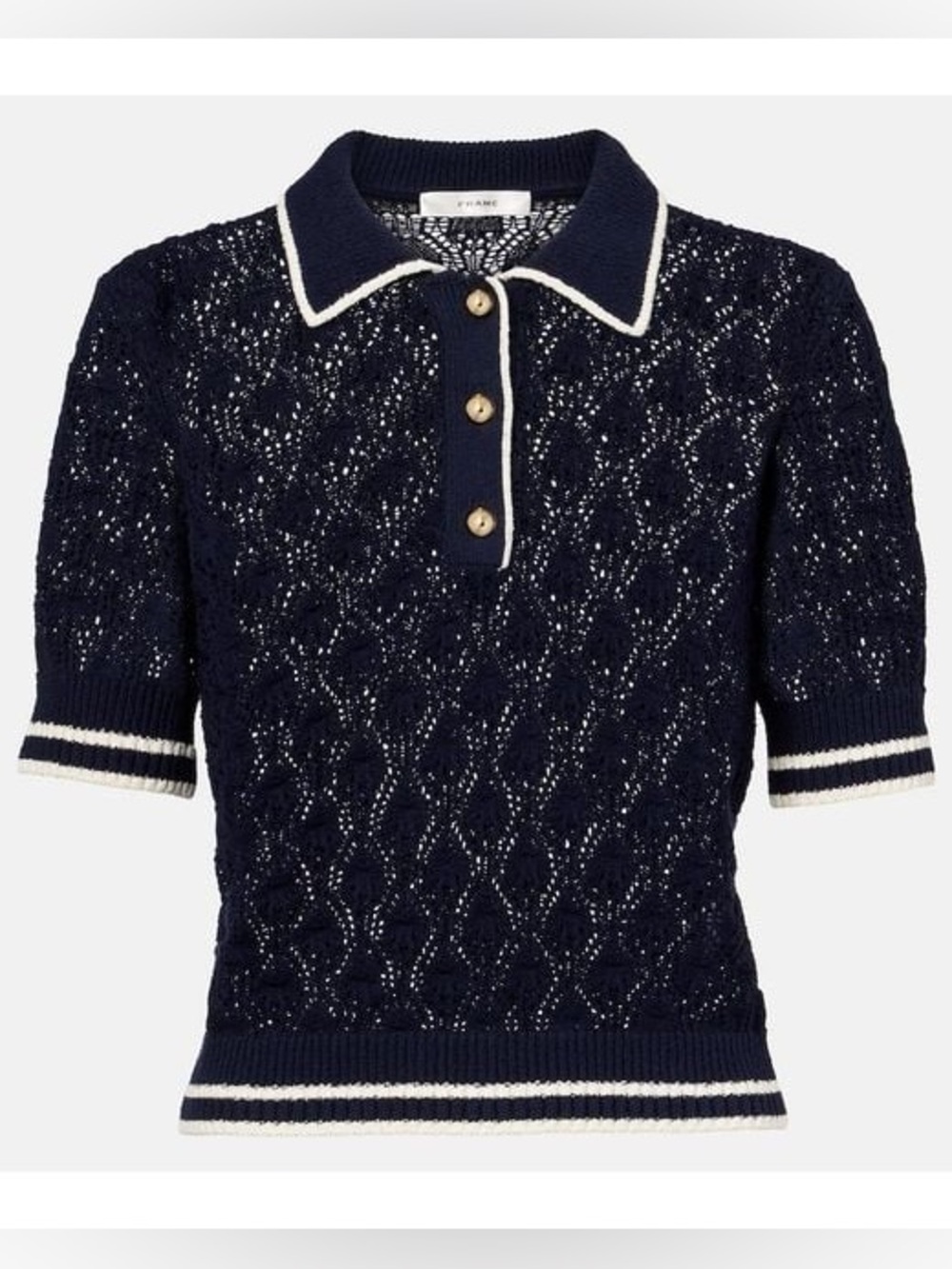 Frame | Navy and Cream Crochet Short Sleeve Knit Top, S - Picture 2 of 12